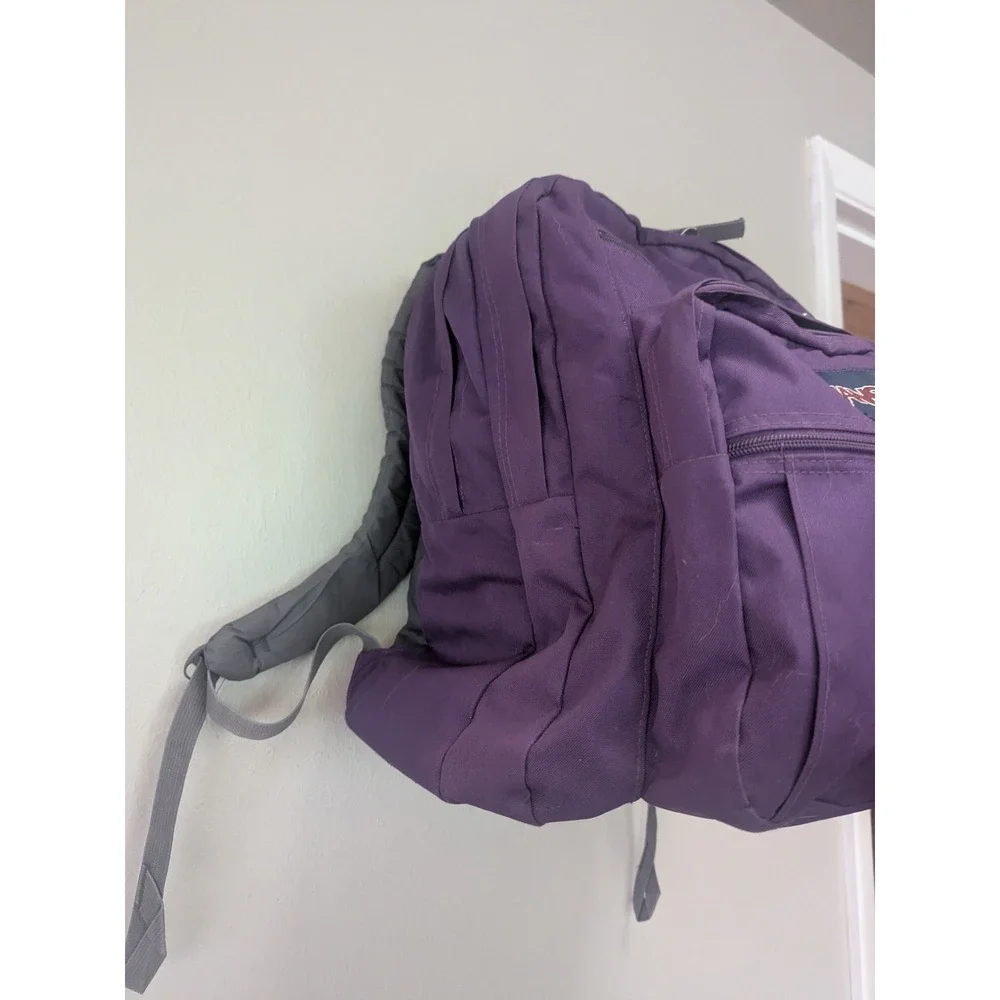 JanSport Purple Backpack Bookbag School Travel Daypack Gray Straps Zip Pockets